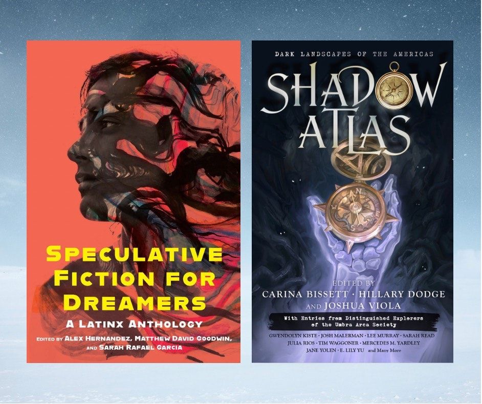 The covers of Speculative Fiction for Dreamers and Shadow Atlas rest on a background of a starry sky in light greyish blue.