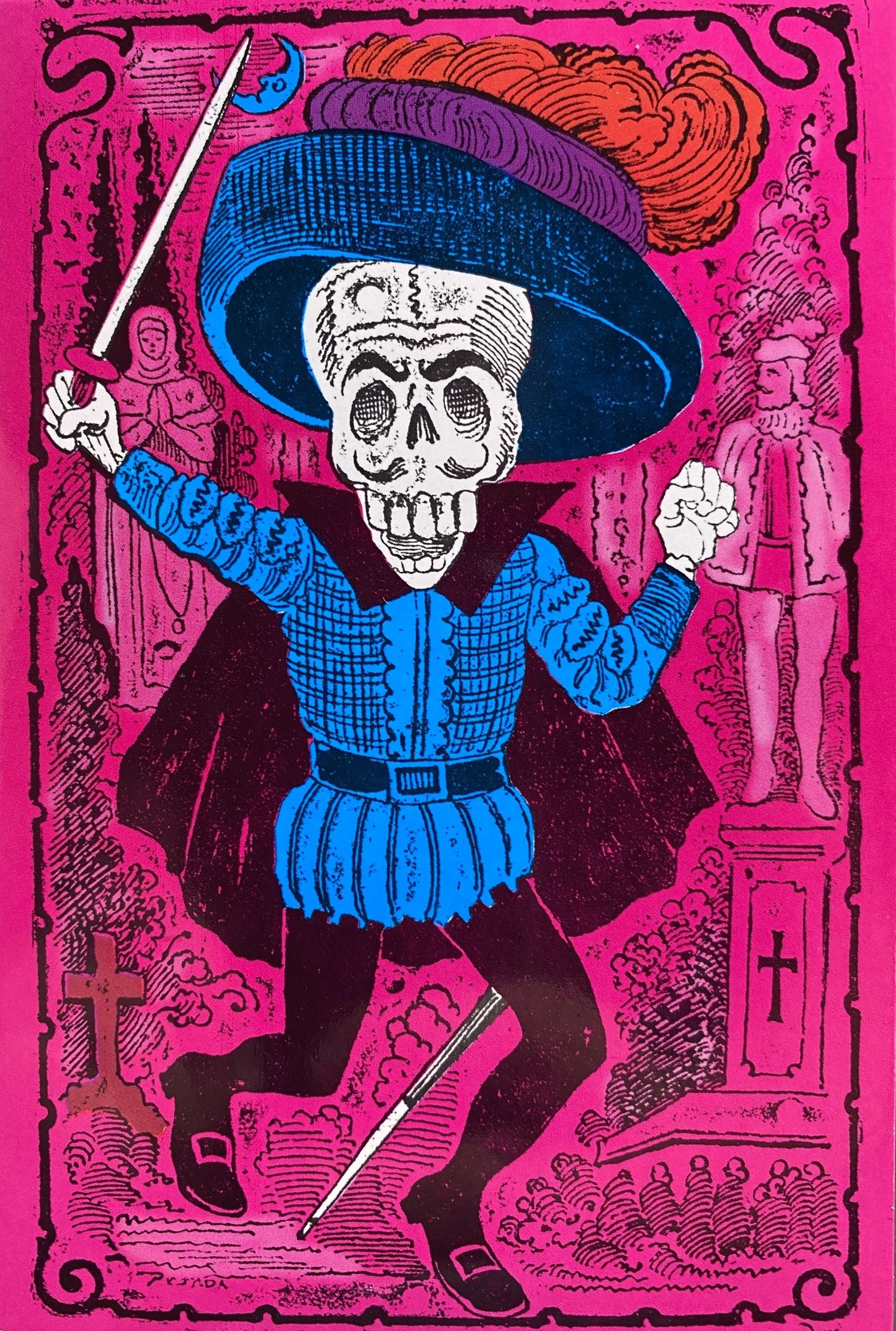 A skeleton dressed in traditional viceroyalty privileged male attire, with their right arm up, brandishing a sword. They wear a wide brimmed hat with plumage on top. On the background, a scene of tombs and statues, memorializing the departed.