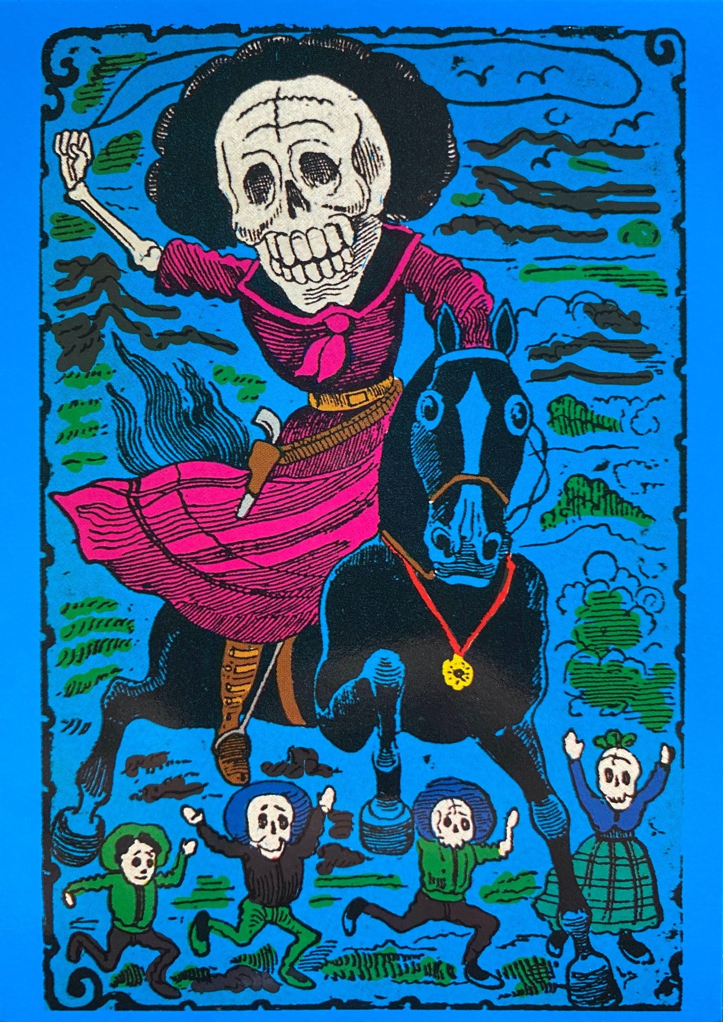 A skeleton wearing a dress with a holster on their hip with a revolver, while riding a black horse with a medal on it’s chest. The rider is cheered by 4 skeletons, with their arms raised.