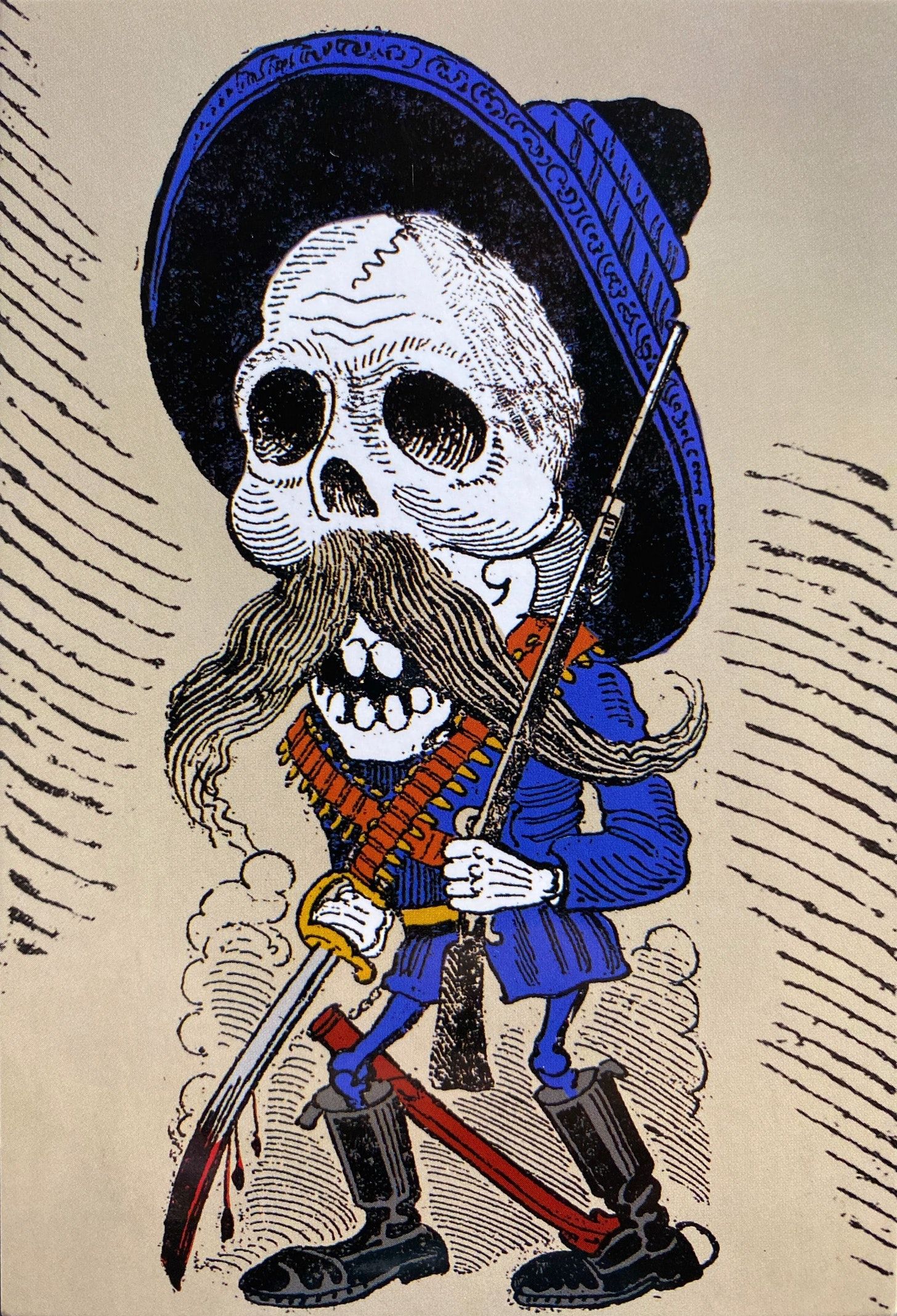 A depiction of Emiliano Zapata, Mexican caudillo, as a skeleton. It has the iconic hat of the revolutionary era, while carrying a sword with blood in his right hand and a musket in his left one.