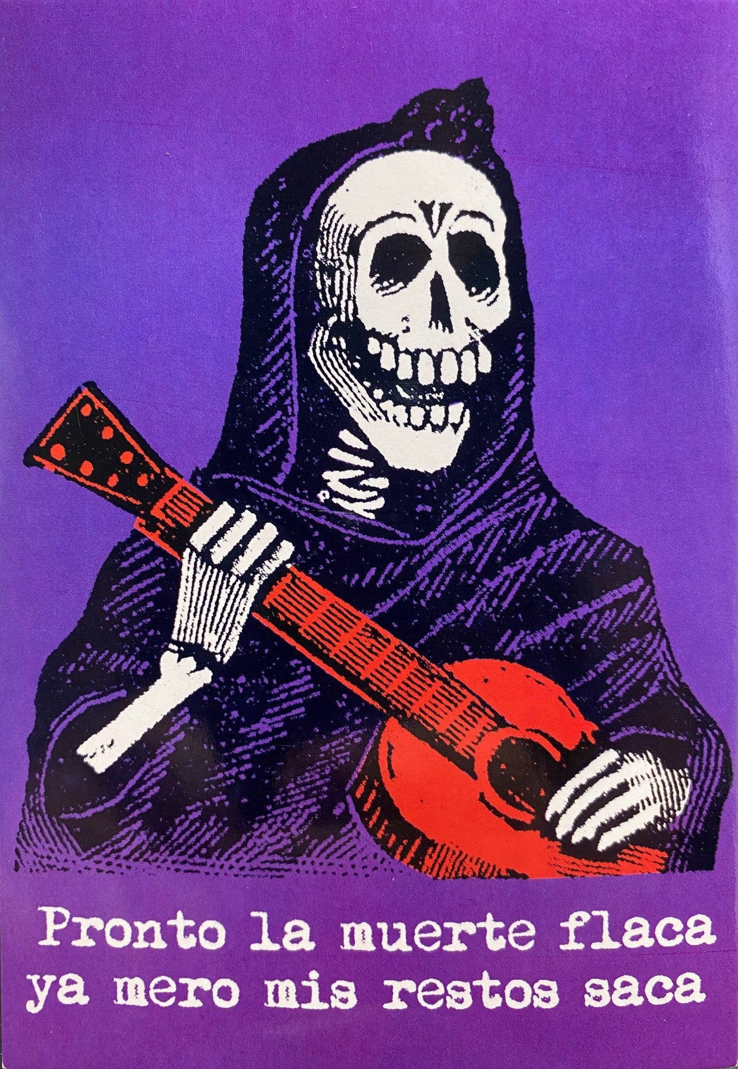 Portrait of a skeleton wearing a sarape over their cranium and body, while holding a red guitar.