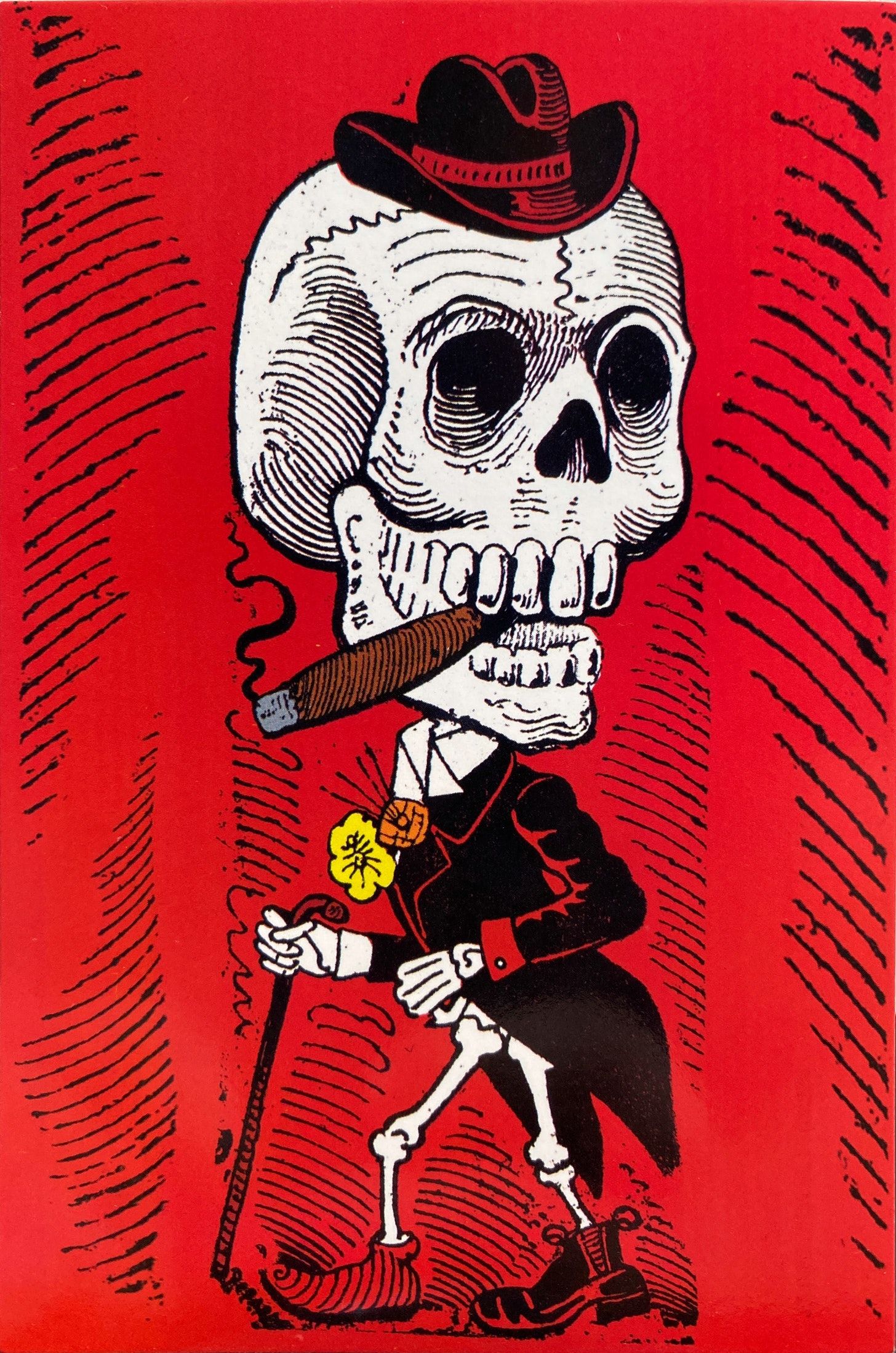 A skeleton standing, wearing an elegant frock with a flower on their lapel and a hat on their head. The skeleton doesn’t have pants but wears shoes and a cane. Their cranium is as large as their body.