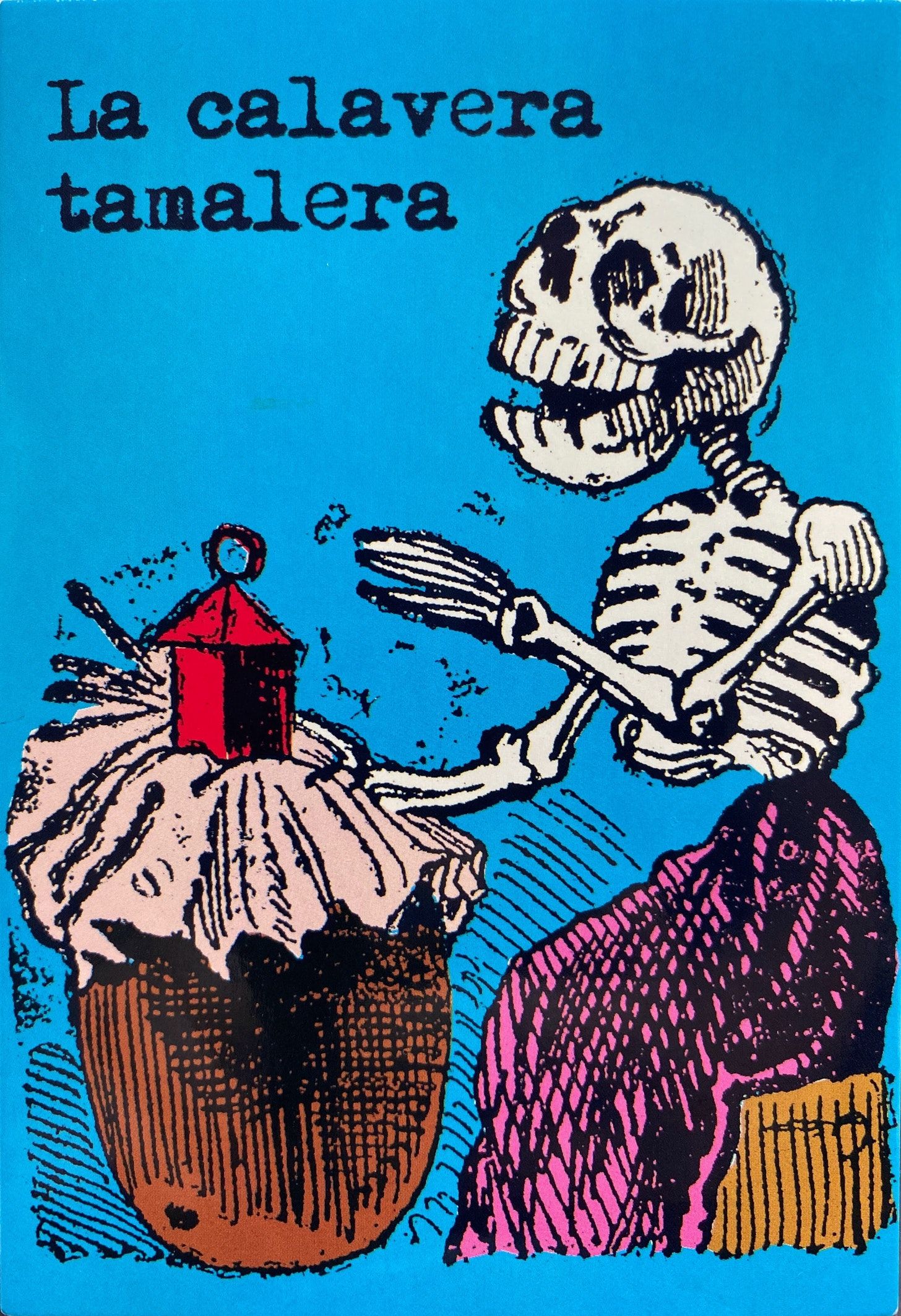 A sitting skeleton, wearing a skirt, while tending a container with tamales in front of them.