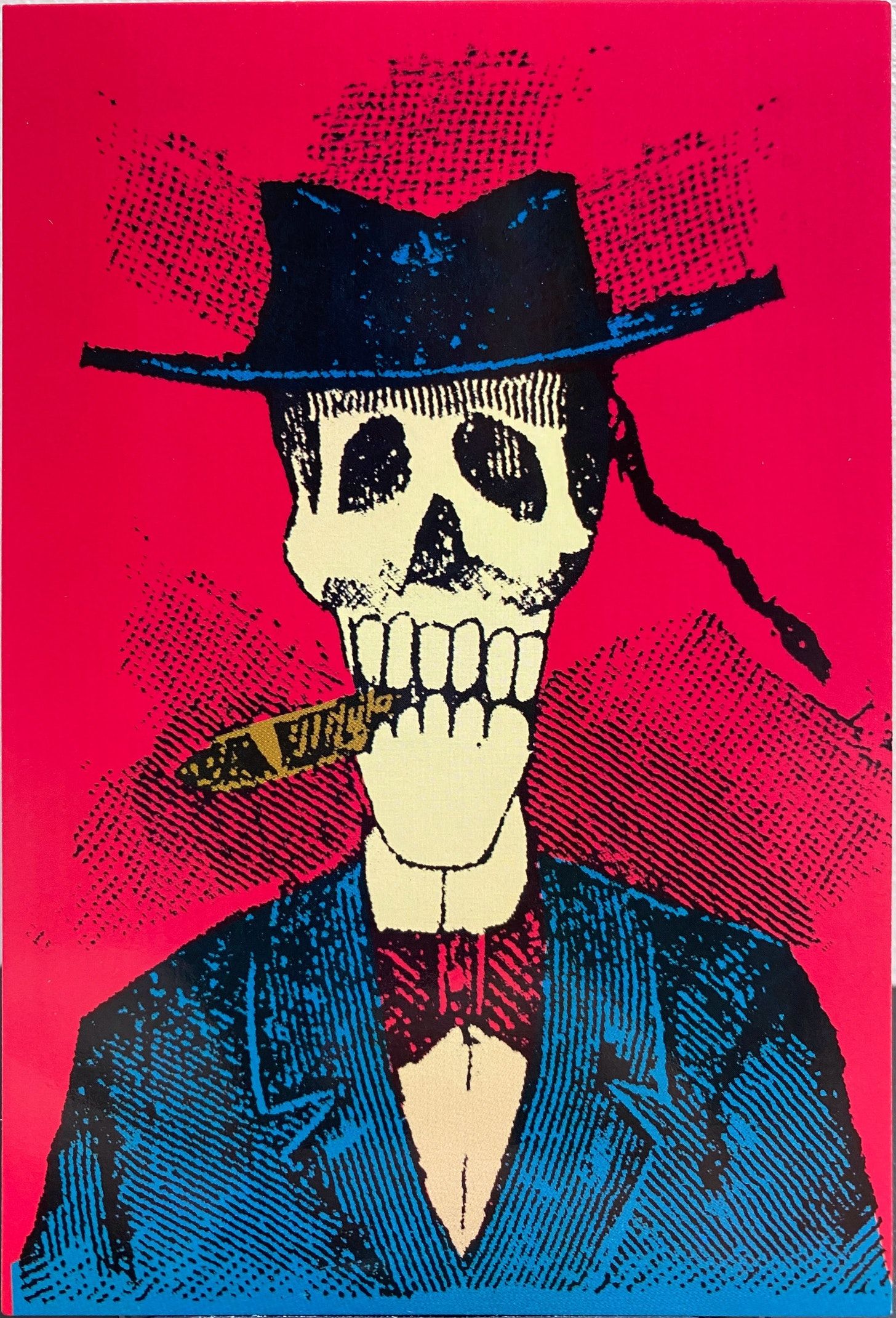 A skeleton as seen in a portrait, wearing a hat, an elegant jacket and a bowtie. It has a somber and sad look, with a cigar between their teeth.