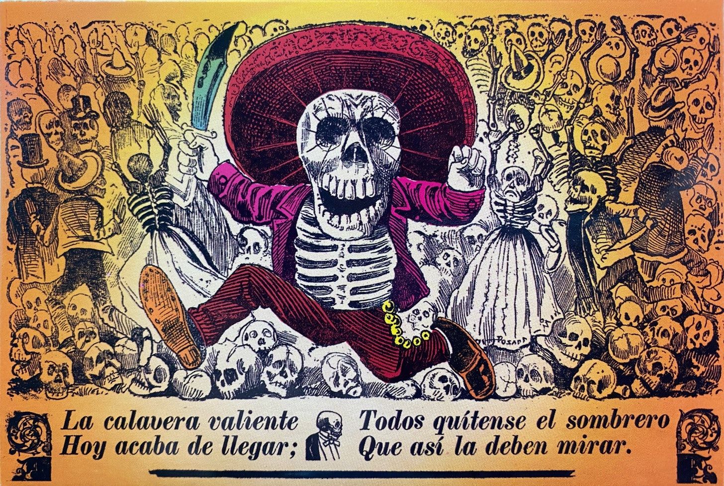 A skeleton wearing a big sombrero, a jacket, charro pants and boots, running towards the viewer with a knife in their right hand. In the background, a crowd of skeletons, either running away or looking at the armed skeleton, with their arms raised.