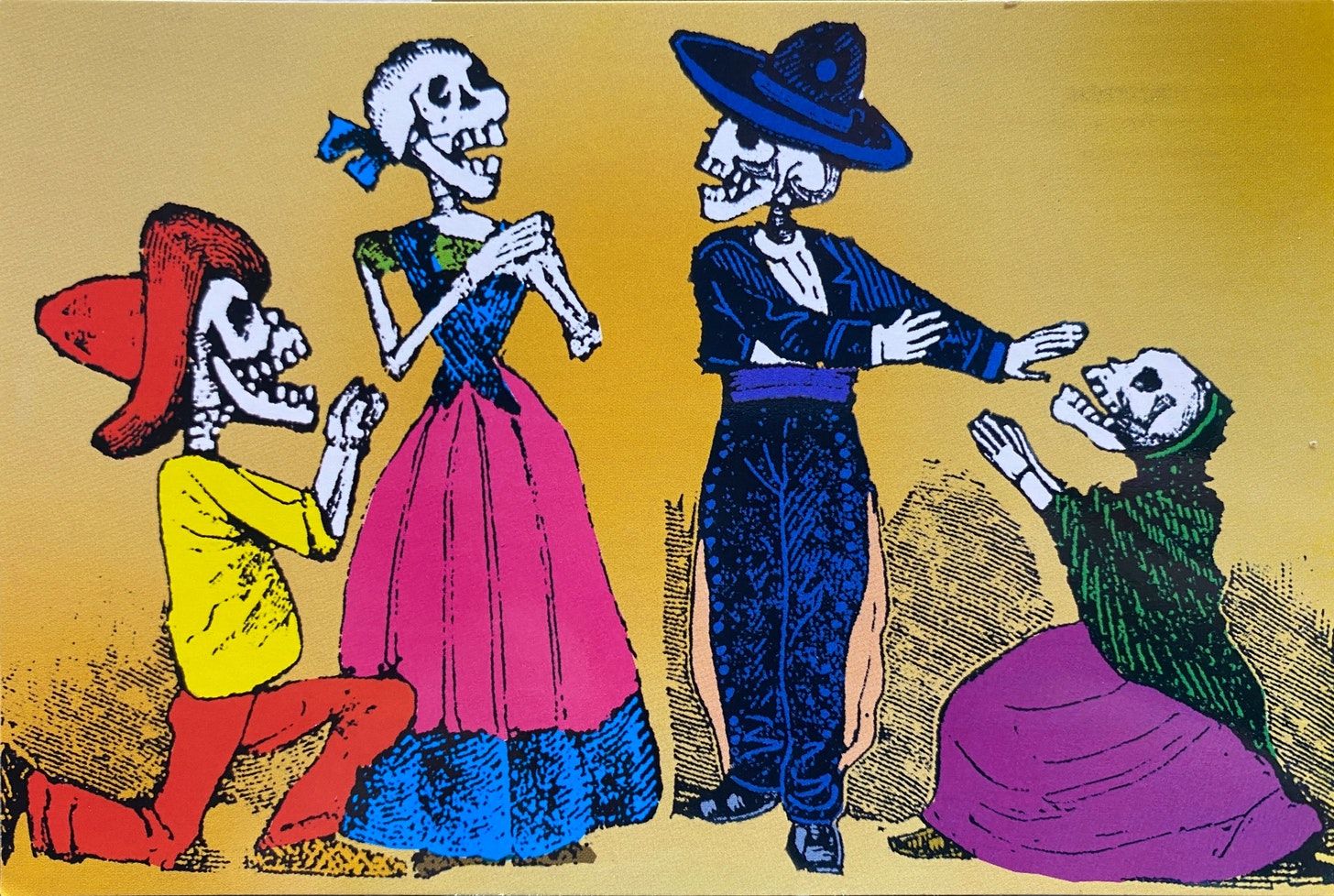 From left to right: A skeleton with pants and a sombrero, kneeling on one knee, with their hands together in a begging fashion. It is facing to the right, next to a standing skeleton wearing a lush mexican dress. It has their hands together, covering where the heart was once before. A skeleton dressed like a mariachi is facing the previous one, with their hands facing the right, pacifying the las skeleton. This one wears a skirt and a rebozo, looking supplicant to the previous skeleton.