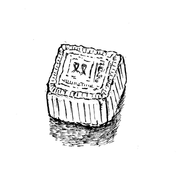 A black and white illustration of a mooncake by Joyce Chng