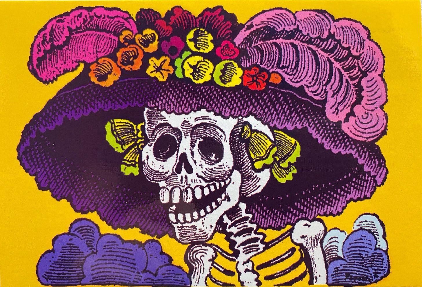 Portrait of a skeleton wearing a wide hat with plumage and flowers on top.