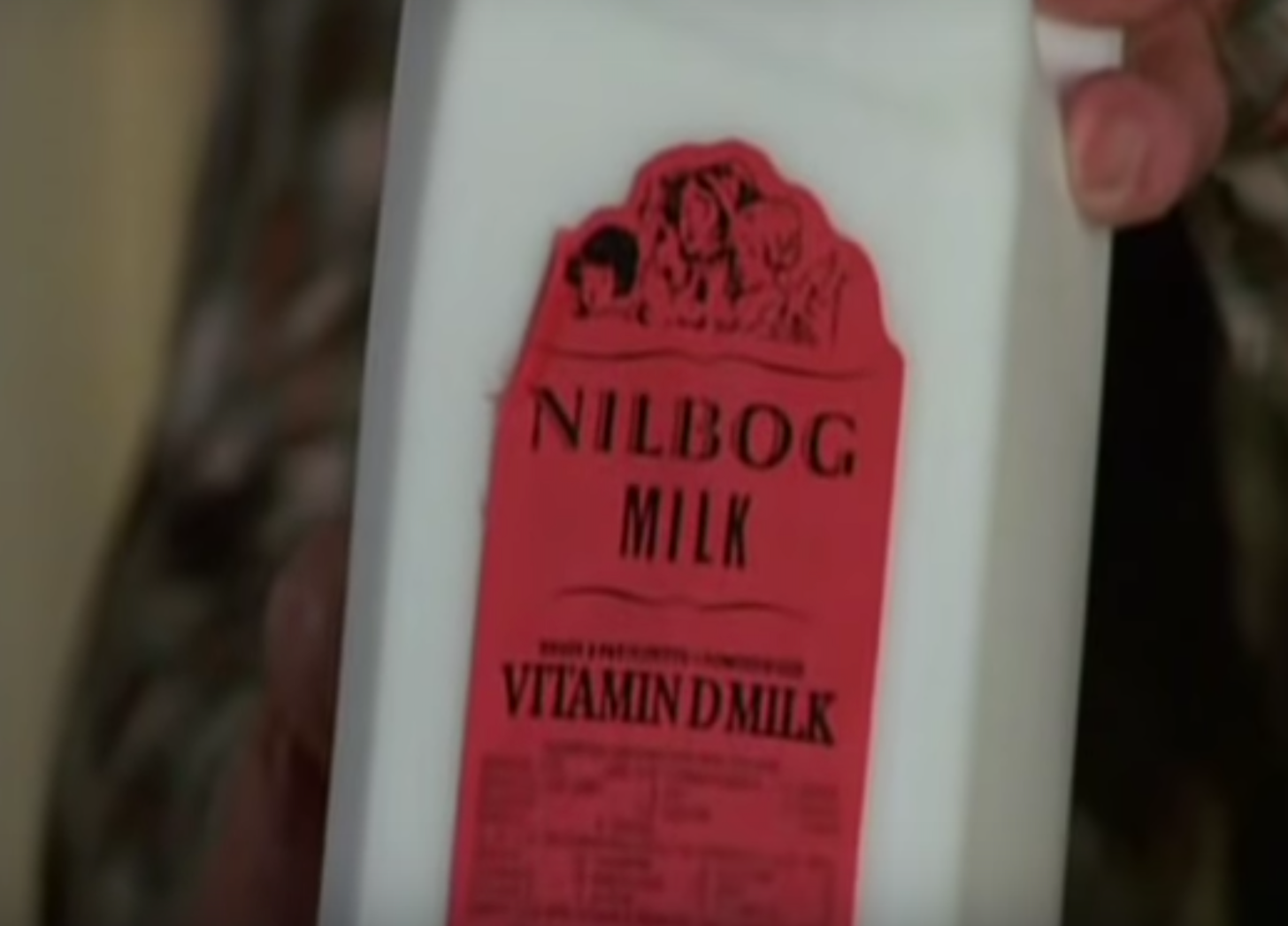 A still from Troll 2 showing Nilbog Milk, Vitamin D Milk. As the shopkeeper says, “Special milk, high in vitamins.”