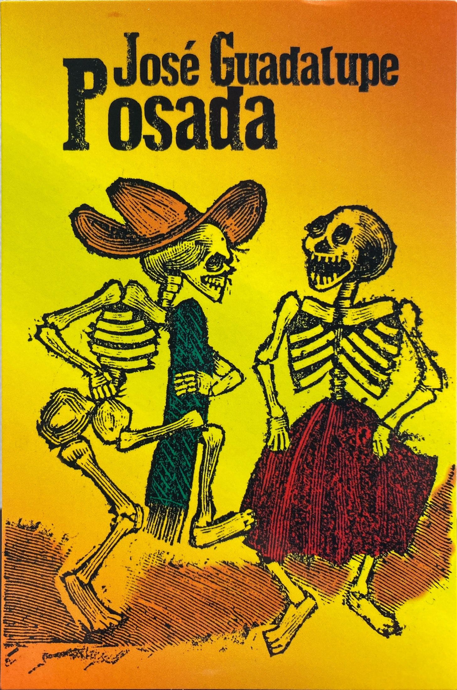 Text on top: José Guadalupe Posada. Two skeletons, one with a hat and a sarape, another with a skirt, appear to be dancing, facing each other.