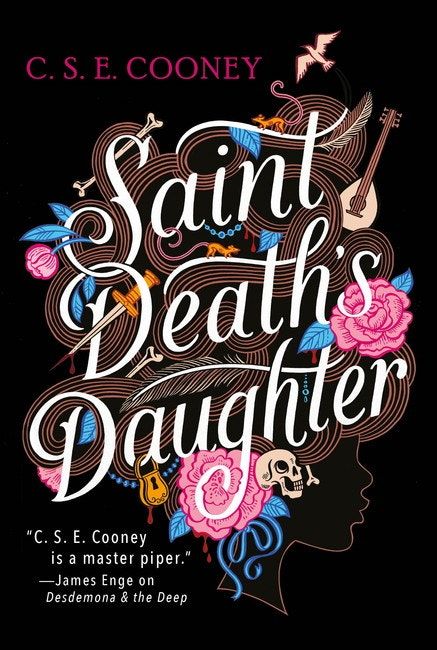 The cover for Saint Death's Daughter, showing the profile of a woman with flowers and knives and a padlock in her hair