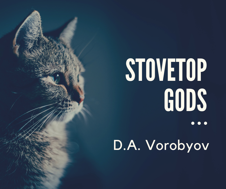 a grey cat looks into the mysterious distance. In white text on a dark background is the title, "Stovetop Gods" underneath that, three  white dots and the author name, D.A. Vorobyov, also in white text.