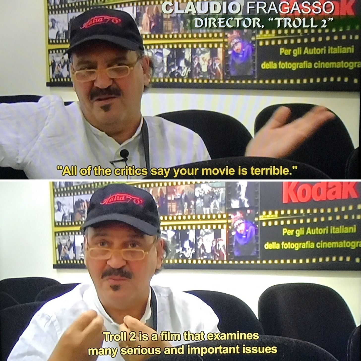 Two stills from Best Worst Movie, the documentary about the making of Troll 2. The top one is labeled “Claudio Fragasso, Director, Troll 2” and has a subtitle reading, “All of the critics say your movie is terrible.” The bottom still has a subtitle reading, “Troll 2 is a film that examines many serious and important issues.”