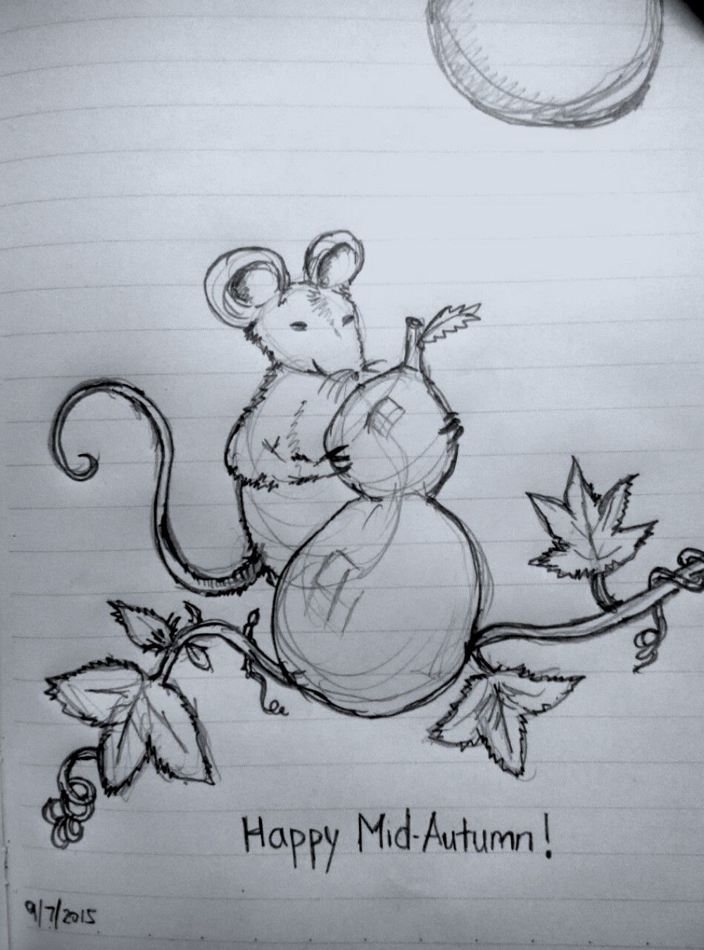 an early black and white sketch of a Mid-Autumn mouse by Joyce Chng. This mouse is holding a calabash, sourrounded by a twirling vine and leaves. This sketch is on lined notebook paper, the original pencil lines are visible under the ink. The caption says, “Happy Mid-Autumn!” and the sketch is dated 9/7/2015