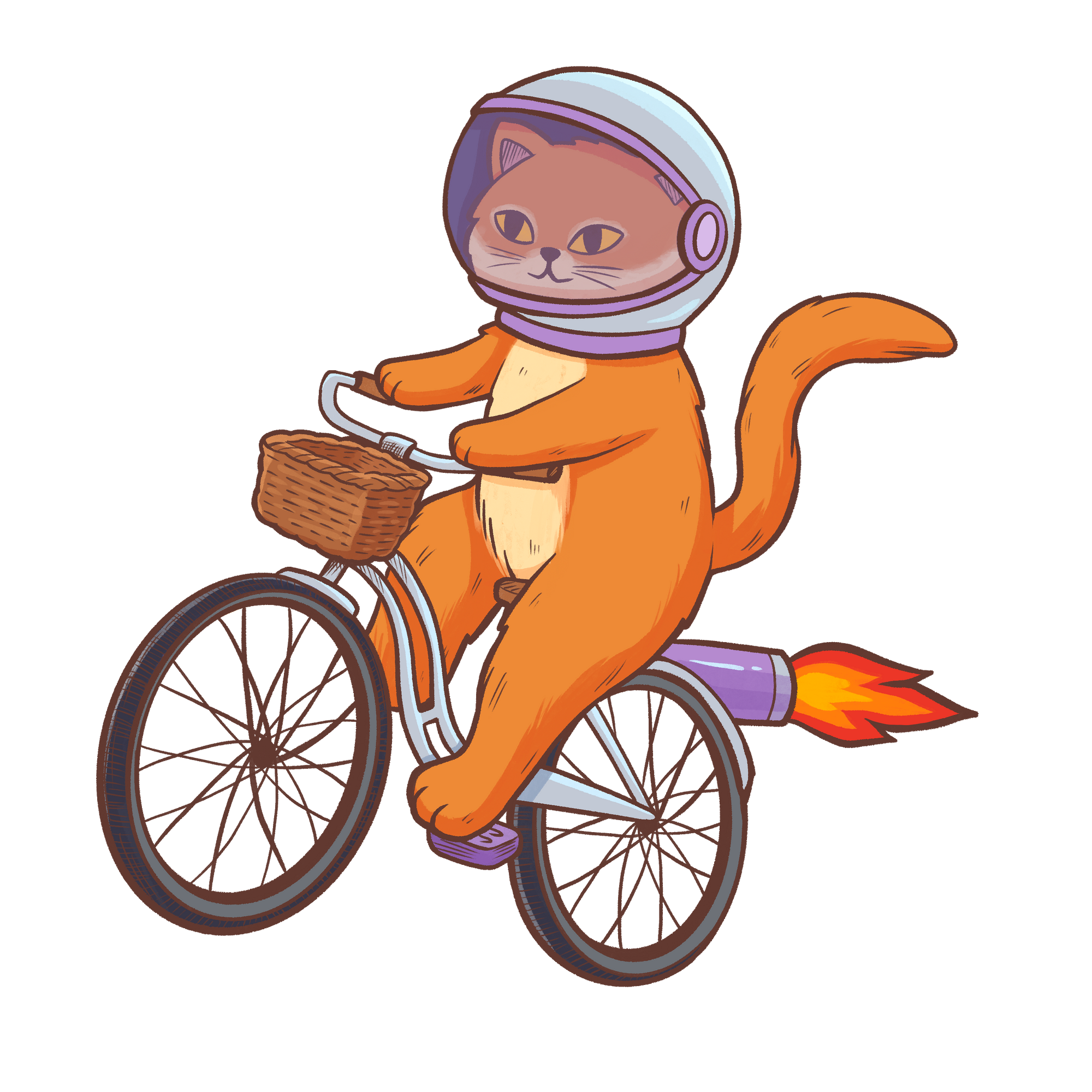 A chunky orange cat riding a rocket powered bike. 