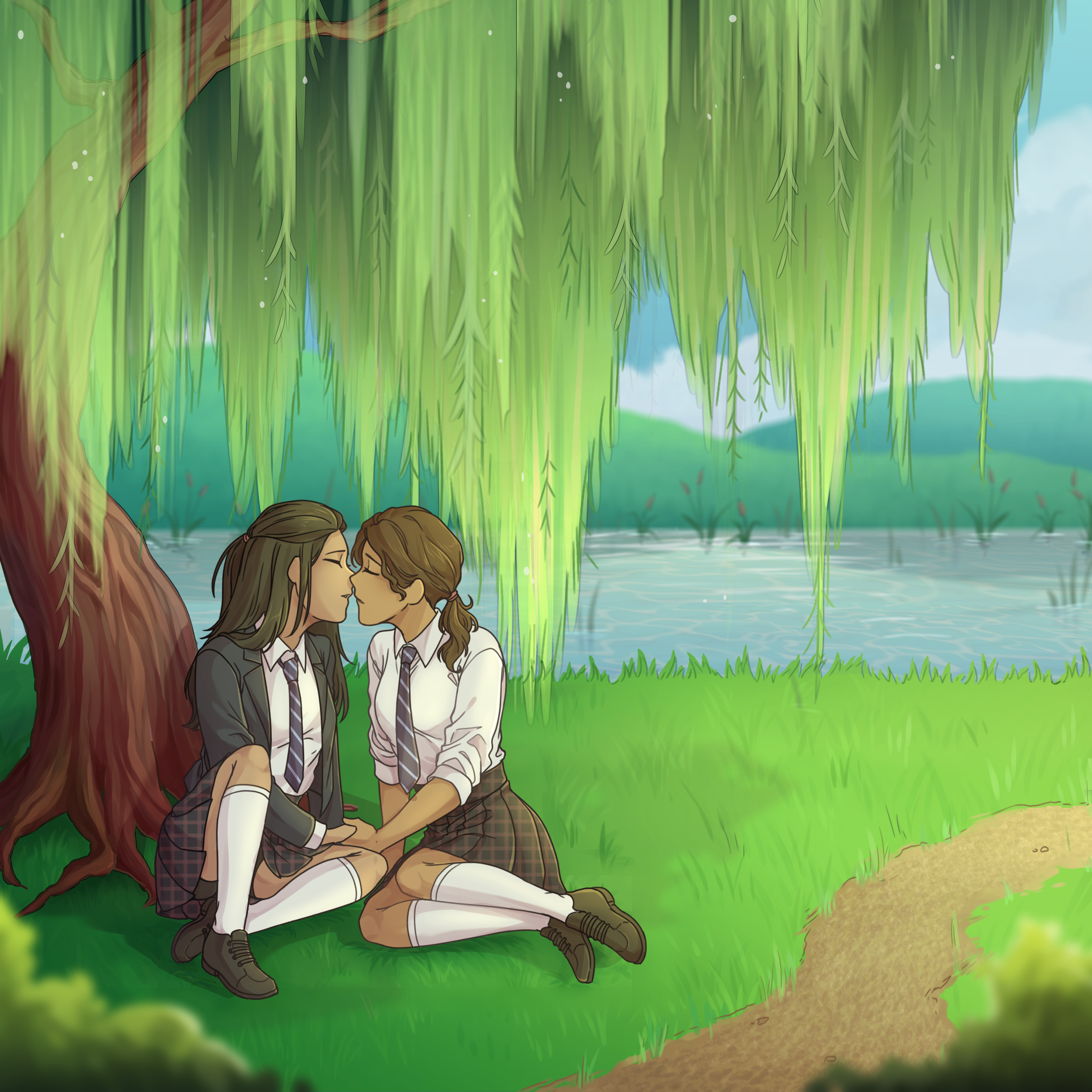 Two girls in school uniforms sit under a willow tree by a creak bank, holding hands and about to kiss.