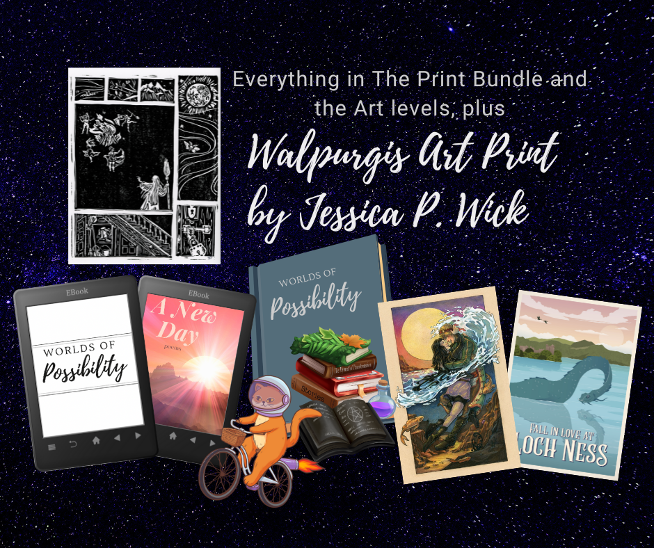 Walpurgis art print pledge level, showing Jessica Wick's art print, plus the ebooks, print books, stickers, and postcards