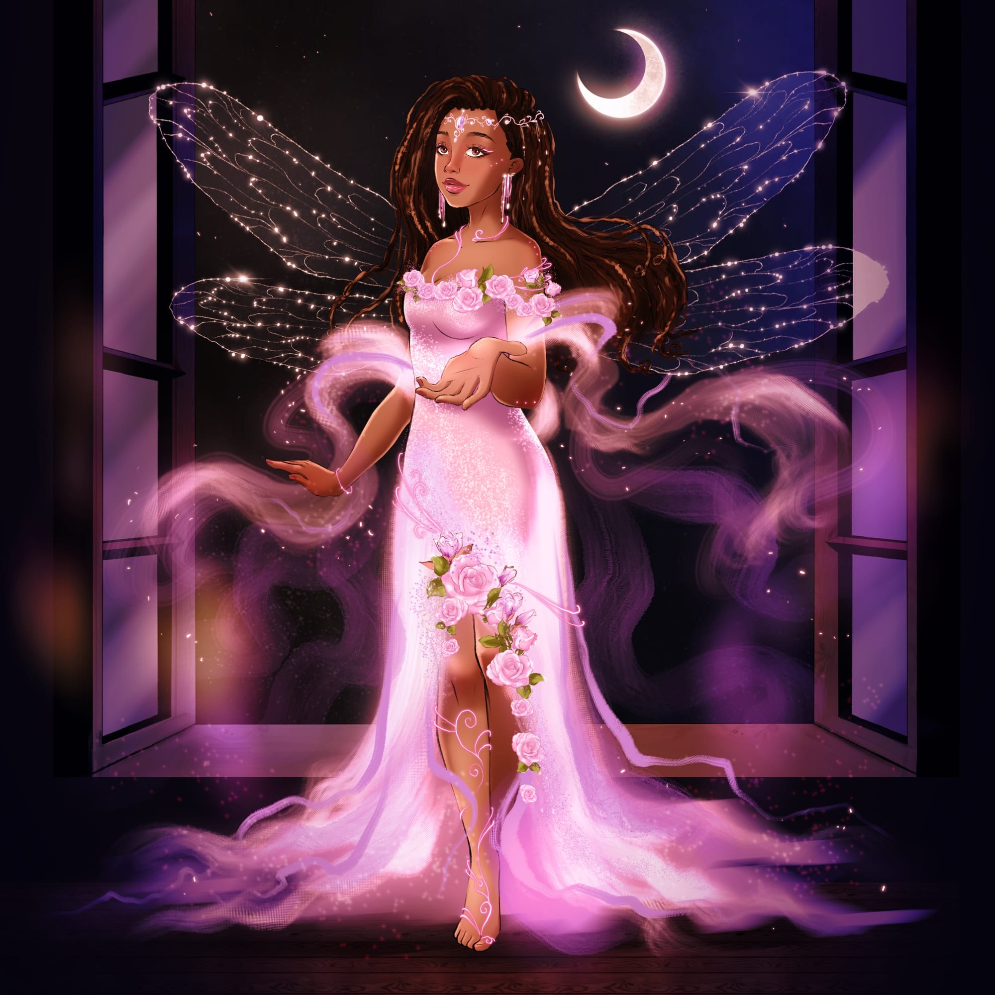 Art by Tetiana Hut. A fairy, in the form of a beautiful Black woman in a glowing ethereal pink dress, stands in a moonlit room by an open window, holding out her hand to invite a human child to come with her.