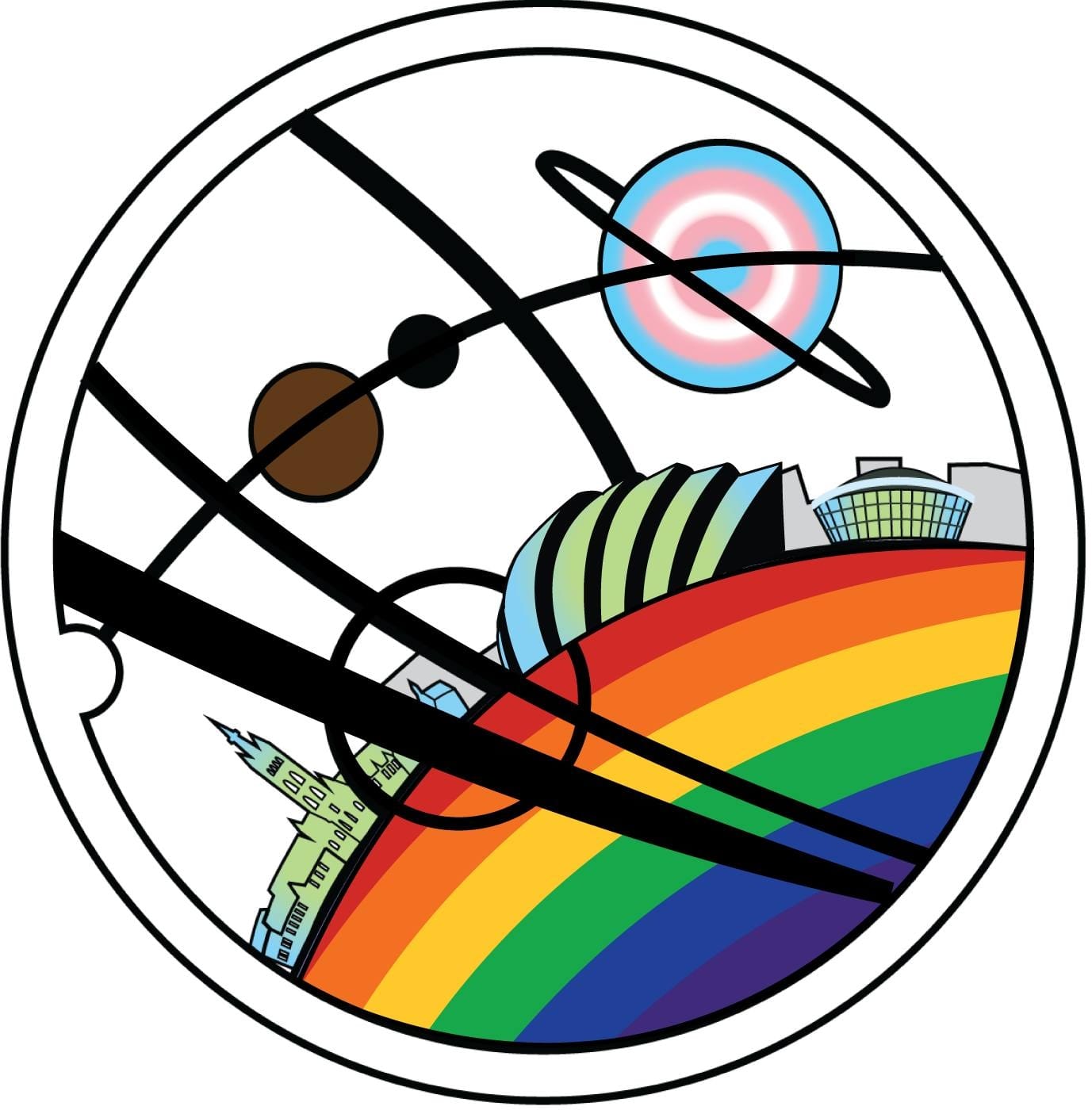A rainbow flag as the ground with the skyline of Glasgow atop it and planets overhead, including one with the trans flag colors. 