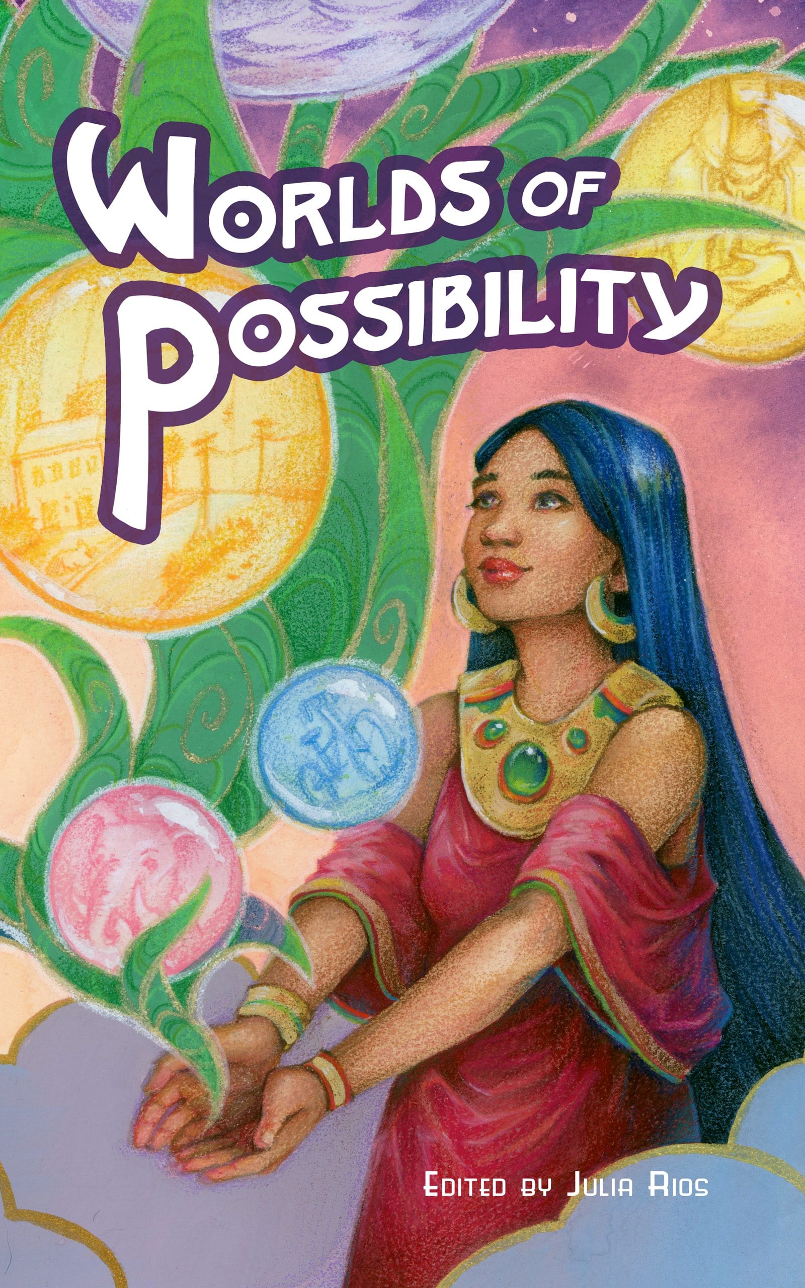 a light brown skinned woman with black hair stands among the clouds against a purple and orange sky full of stars, her hands cupping a bubble world with others floating around her. 