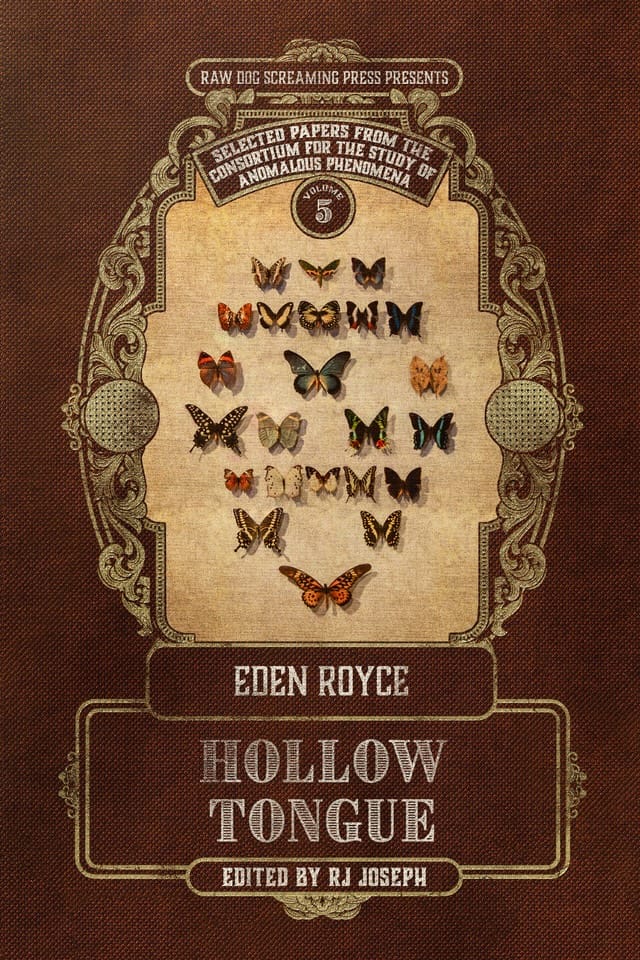 The cover of Hollow Tongue by Eden Royce, featuring an image of a butterfly collection.