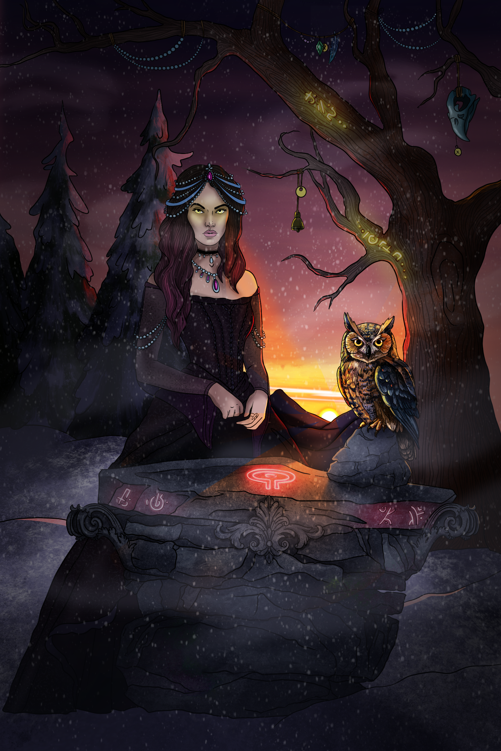 Against a crimson sunset, with snow and mist swirling around, a dark haired fairy lady with yellow eyes stands with an owl at a magical oathstone with glowing symbols, preparing to be wed.