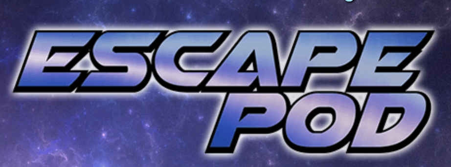 Escape Pod is written in a futuristic font with a blue and purple color gradient that looks shiny and metallic