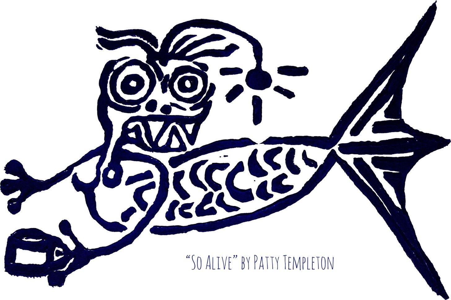 So Alive by Patty Templeton a linocut print of an anglerfish mer in the feejee mermaid style