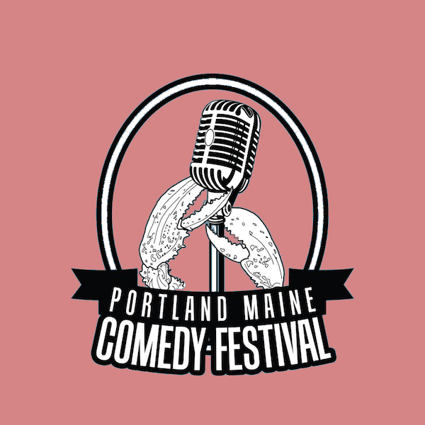 logo for the Portland, Maine Comedy festival with lobster claws holding a microphone