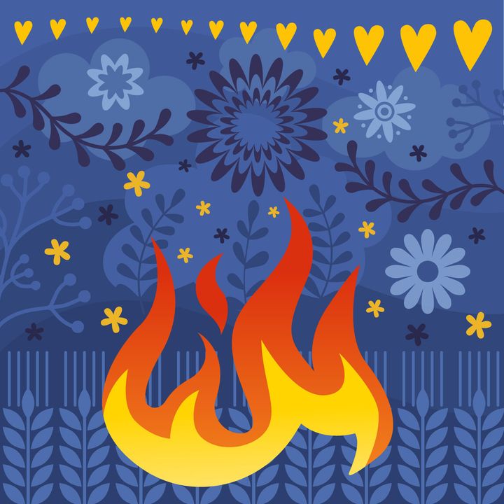 Traditional Ukrainian style art in shades of yellow and blue, featuring a burning wheat field.