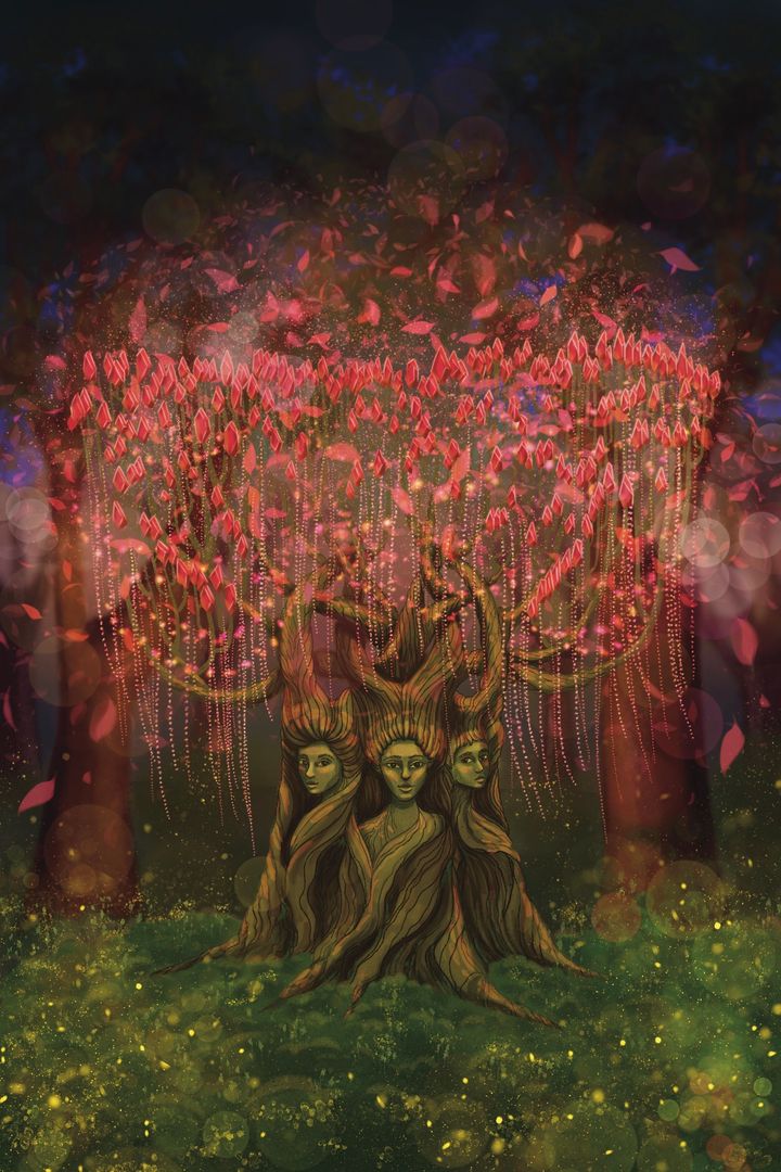 Three intertwined trees with women's faces in the trunks, and with ruby leaves
