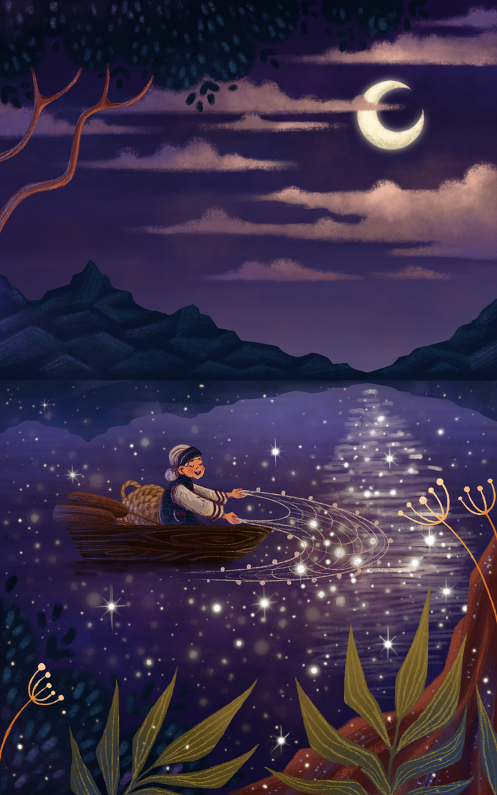 An old woman fishes for stars in a night time lake.