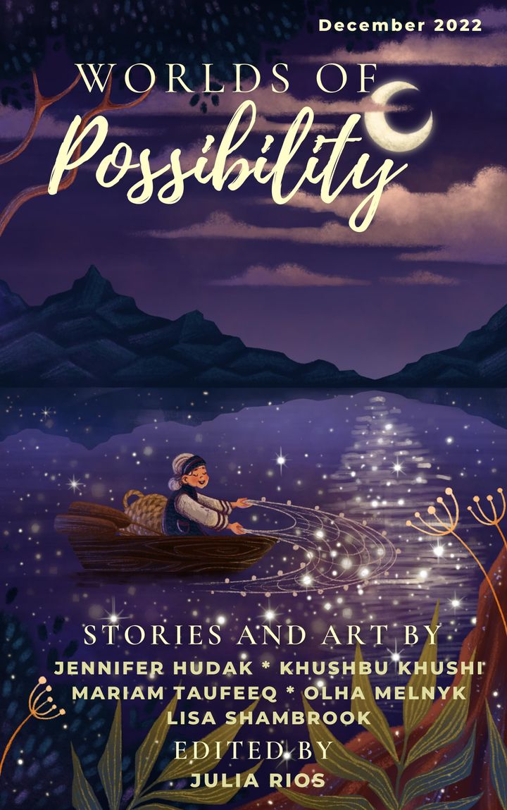 THe December 2022 cover of worlds of Possibility with an old woman fishing for stars in a nighttime lake