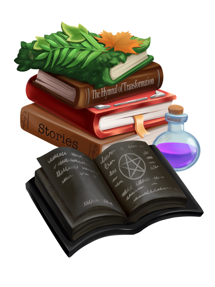 A stack of spellbooks, including one with a cover made of leaves, and another that is all black, even the pages.