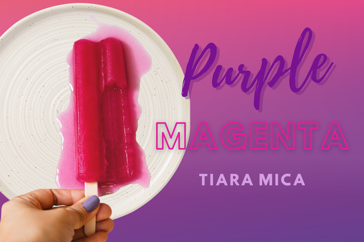 Title card for "Purple Magenta" by Tiara Mica: A brown hand with matte purple nails holds a magenta popsicle