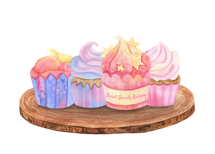 four colorful cupcakes on a wooden slab. one has a label that reads, "Sweet Beauty Bakery"