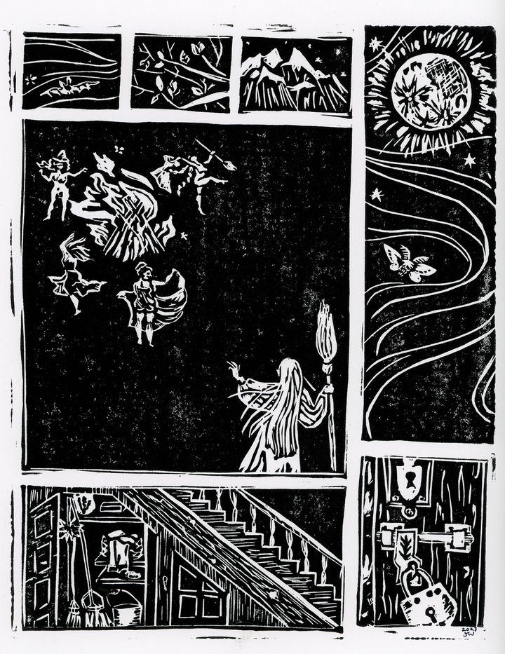 A block print in black ink depicting scenes from the poem. 