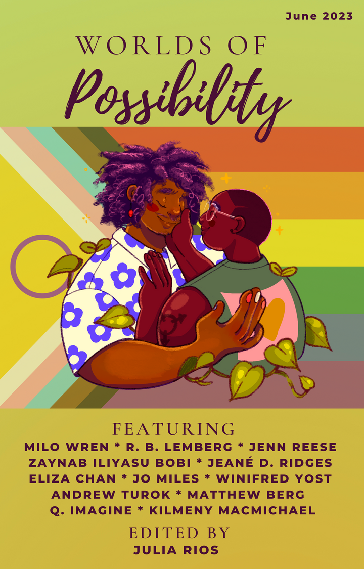 June 2023 Worlds of Possibility cover featuring stock art by Milo Wren of a Black queer couple embracing