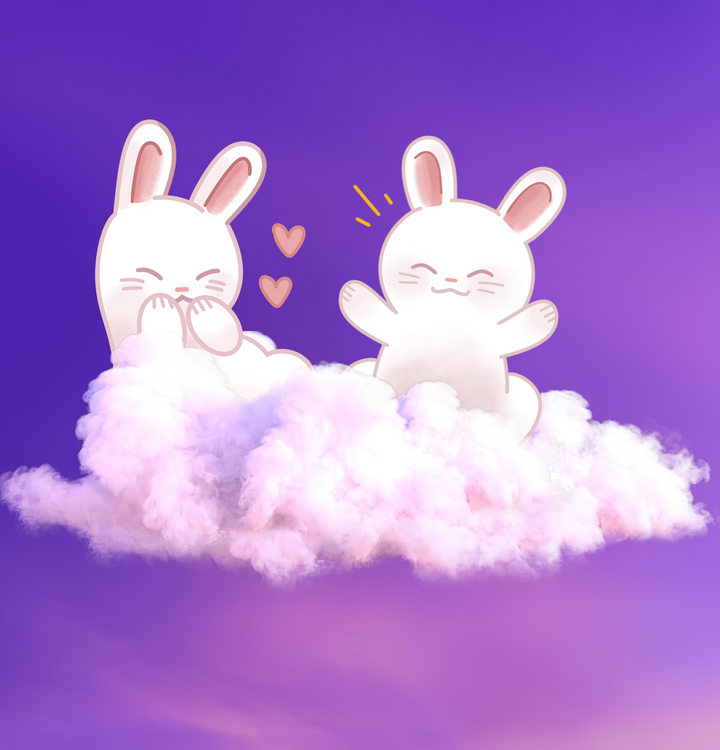 Two cute bunnies frolic in a cloud against a purple sky. 