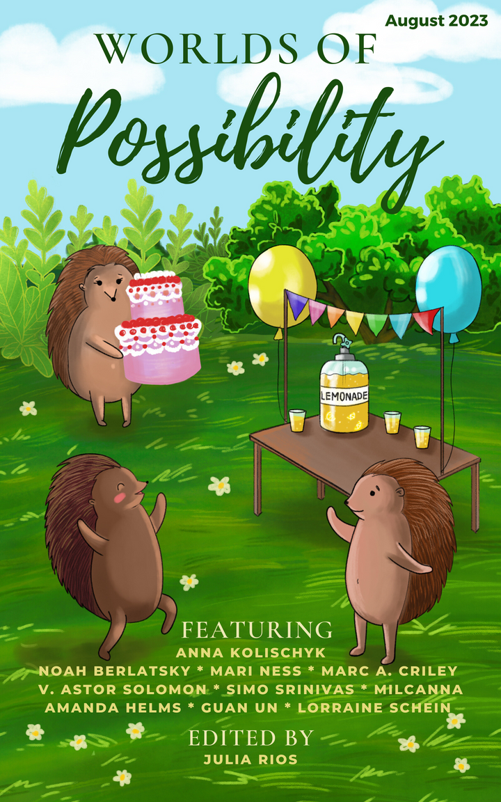 The August 2023 WOrlds of Possibility cover featuring art by Anna Kolischyk of hedgehogs having a party