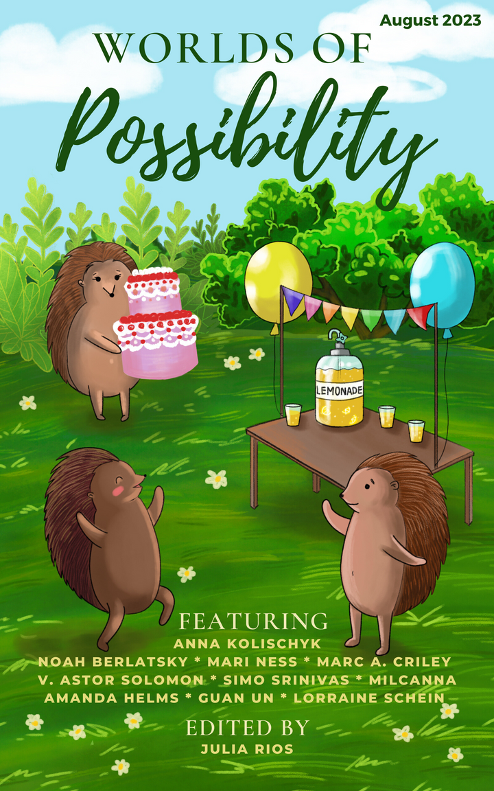 Cover for the August 2023 issue of WOrlds of Possibility featruing art by Anna Kolischyk of hedgehogs having a party.
