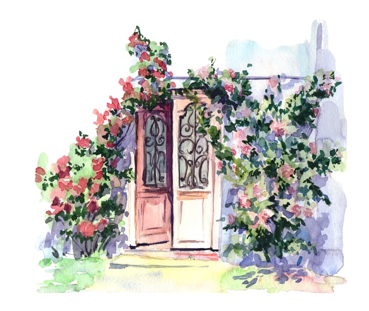 Stock art watercolor illustration of a house with the door opening and flowering vines around it.