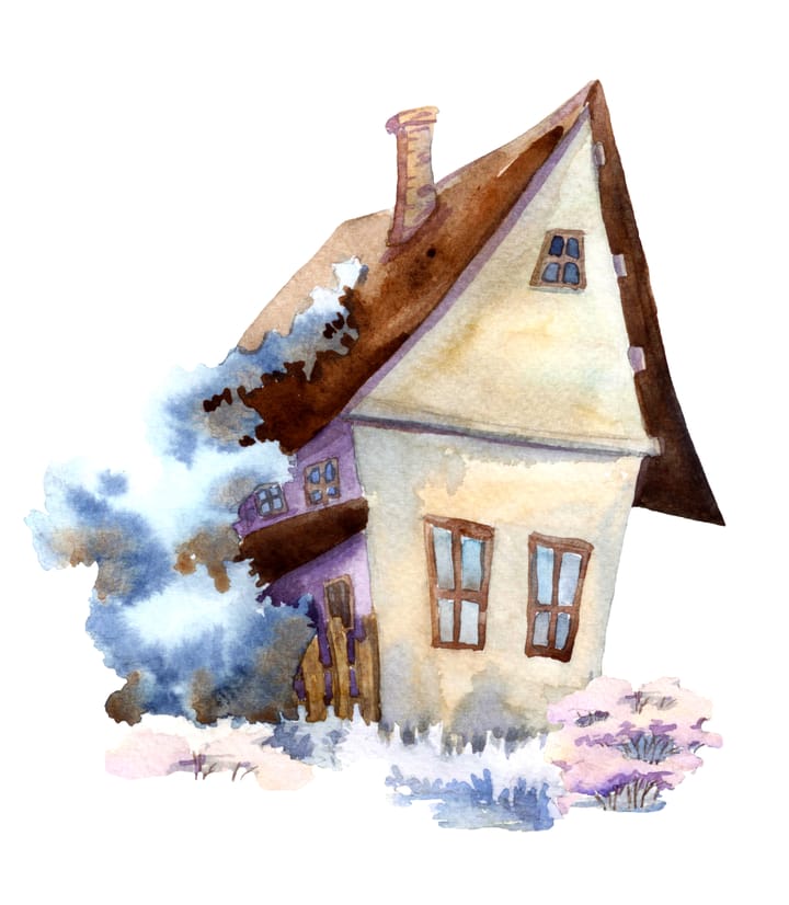 Watercolor stock art of a house with the suggestion of blue flowers around it.