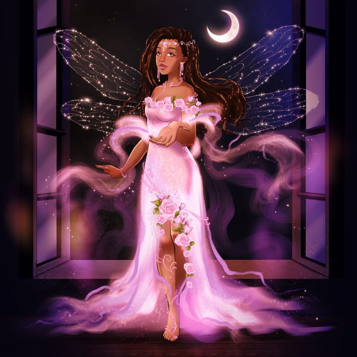 Art by Tetiana Hut. A fairy, in the form of a beautiful Black woman in a glowing pink dress, stands in a moonlit room.