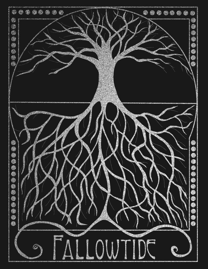Silver on a black background, an art nouveau illustration of a tree, bare of leaves, but wit extensive roots underground.