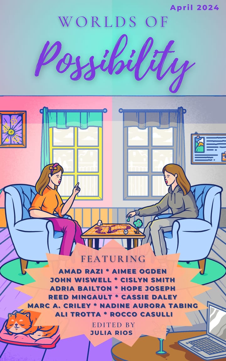 The April 2024 cover for Worlds of Possibility featuring art by Amad Razi fo two women playing a boardgame.