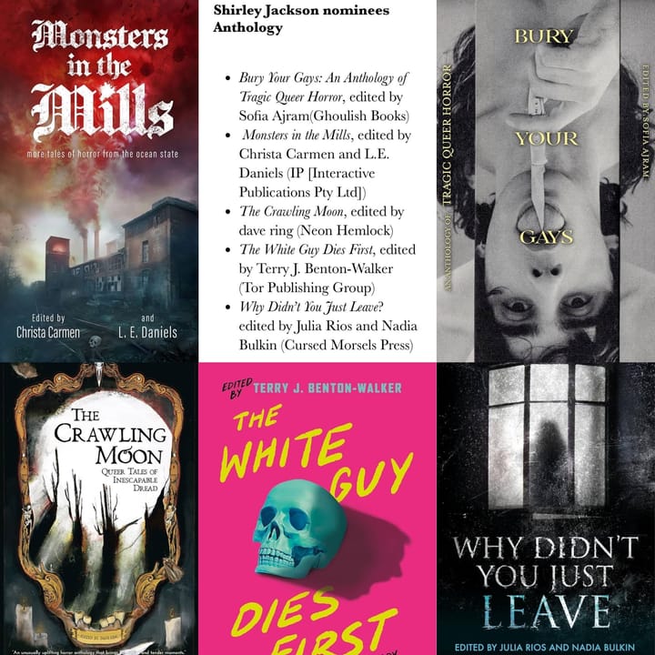 finalist list and covers for Monsters in the Mills, Bury Your Gays, The Crawling Moon, The White Guy Dies First, and Why Didn't You Just Leave